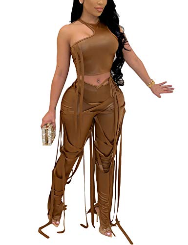 Conjunto sexy de 2 piezas para mujer WOKANSE con pantalón de abertura y top irregular