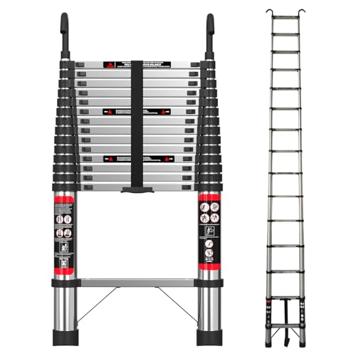 Telescoping Ladder 4.4M Newest Stainless Steel Heavy Duty Portable Compact Ladder with Hooks 14.5FT Multi Purpose Collapsible Attic Loft Telescopic Ladder Adjustable Height EN131 Standard for RV Loft