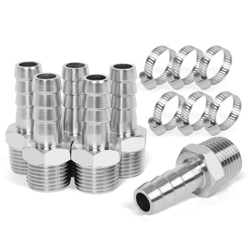 ChillWaves 304 Stainless Steel Air Hose Fittings, Hose Barb Fittings 3/8" Barb x 1/4" NPT Male Thread Adapter with Hose Clamp(6-PACK) by ChillWaves - Used condition - US$10.49