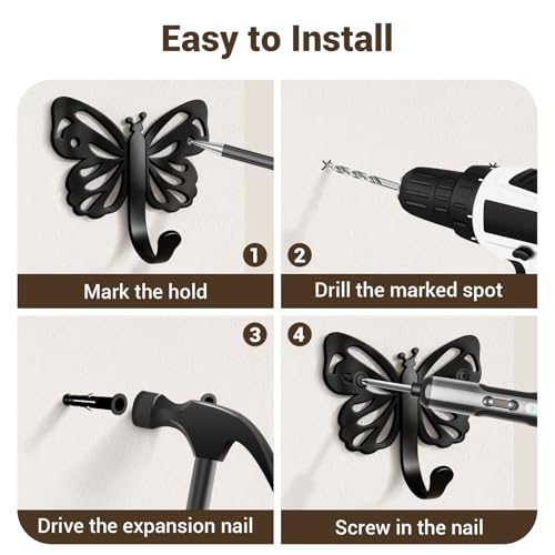 Butterfly Coat Hooks For Wall,Heavy Duty 20LB Black Coat Hooks & Towel Hooks,Metal Wall Mount Hangers for Bathroom,Living Room,Kitchen - for Hanging Coat,Hat,Key,Bag,Robe,Scarf,Dog Leash,6 Pack by Midukit - Image 5