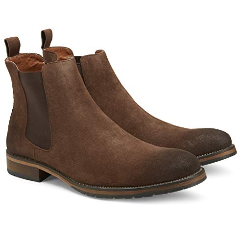 Vintage Foundry Co. Refham Mens Fashion Hand-Crafted Casual Dress-up Chelsea Taupe Suede High-Top Slip-On Boots, Round-Toe, Chunky Heel Platform, Rubber Lug Sole; Size 13