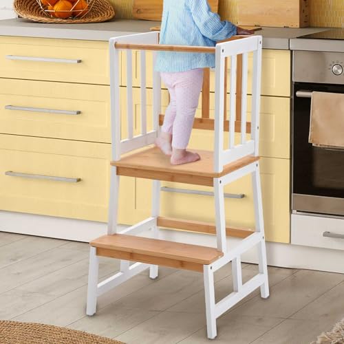COSYLAND Kitchen Nursery Step Stool for Toddlers - Solid Kids Kitchen Tower for learning Cooking & Doing Dishes - Kids Learning Stool,Made of Natural Solid Bamboo（Natural&White)