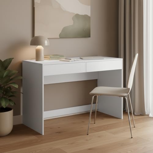 Bellamio Toce Schreibtisch mit 2 Schubladen – Computertisch weiß – Jugendschreibtisch 75x53x110 cm (HxTxB) – moderner Bürotisch mit Stauraum – Schminktisch & Schreibtisch Kombi – Schülerschreibtisch