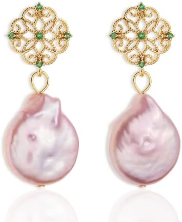 Sonateomber Indian Green Rhinestone Pearl Drop Dangle Earrings for Women – Lucky Clover Floral Pink Purple Flat Baroque Coin Holiday Jewelry Gifts