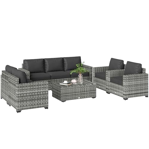 Outsunny 5 Piece Patio Furniture Set with Storage Bin Coffee Table, Wide Deep PE Rattan Wicker Outdoor Conversation Sofa Set with Cushions, Dark Gray