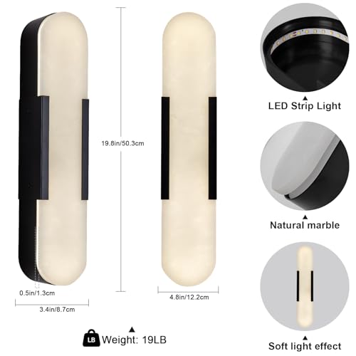 Image of Alabaster Wall Sconces Set of 2,19.7'' Brass Wall Sconce Natural Marble Wall Sconce for Bathroom, Indoor Modern Wall Light Fixtures for Living Room Hallway Stairs Vanity Bedside, Black