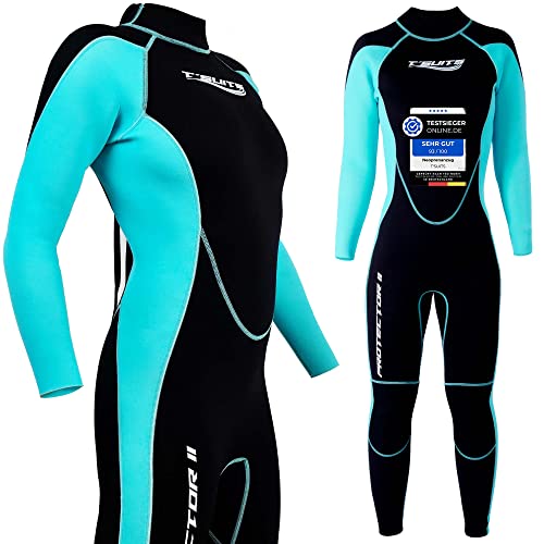 T´SUITS Neoprenanzug Damen [3mm, Lang, Smoothflex] | Tauchen, Schwimmen, Surfen, Kiten, Wasserski, Rafting - Jetzt Größe Wählen, Damen Schwarz/Aquamarine, XL Cover