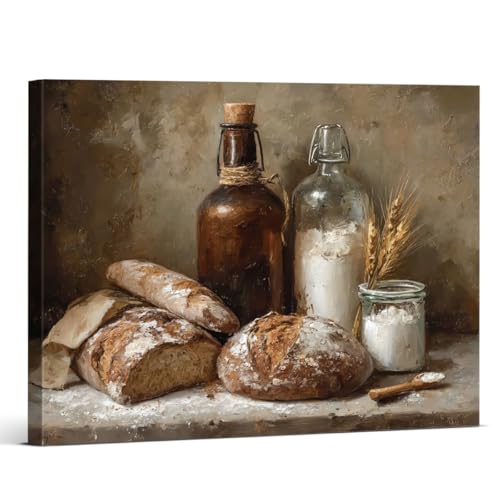 Vintage Bread Flour Kitchen Wall Art Rustic Baking Canvas Print Poster Farmhouse Wall Decor for Kitchen Dining Room 8x10 Inch Framed