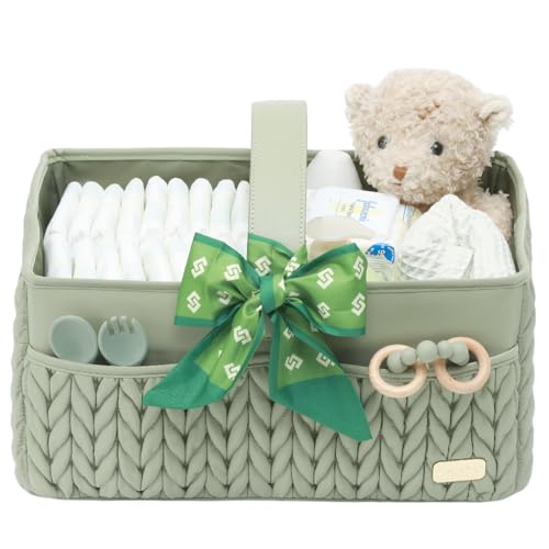 Image of LUKJOJO Luxurious Baby Diaper Caddy, Nursery Storage Basket for Newborn Essentials, Travel Baby Basket for Diapers Baby Wipes, Organizer Tote Bag Storage Bin, Baby Shower Gifts(Sage Green)