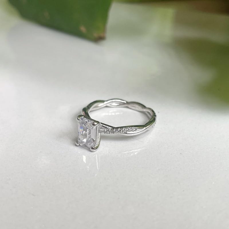 Certified Moissanite 1.00 Ct. Emerald Cut Swirl Twisted Style Bridal Engagement Ring, 14k Gold Finish Emerald Moissanite Ring For Women