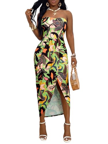 Image of Umenlele Women's Strapless Ruched High Waist Wrap Split Asymmetrical Beach Maxi Long Dress