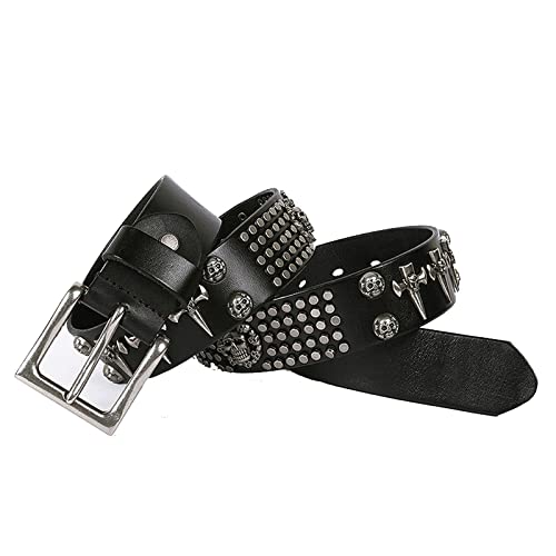 Designers Rivet Genuine Leather Punk Mens Rock Skull Belts Hip Hop Style Jeans Metal Ceinture Strap Waist,Black,130CM/51.1''