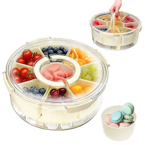 LENWISYF Snackbox Mit Fächern, 9 FäChern Snackschale mit Eisschicht Rund Snackdose Tragbar Snackboxen für Picknick Obst Keksen Dessert Gemüse Süßigkeiten Aufbewahrung