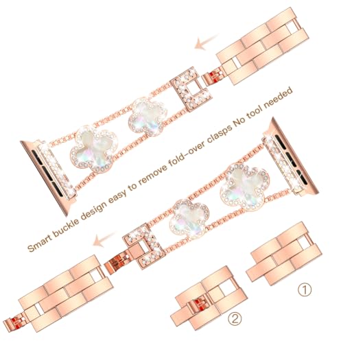 Image of Musk-MSKR Diamond Metal Bands Add Sparkle to Your Watch For Apple Watch Series 11 /10 /9 /8 /7 /6 /5 /4 /3 /2 /SE /Ultra Clover Simple and Stylish Compatible with 38mm40mm41mm42mm44mm45mm 46mm49mm Women's Wear