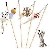 Material de especificación: Juguete para gatos Cada juguete está hecho de un palo de madera natural, cuerdas elásticas y plumas. Los juguetes de plumas están colgados en un cordón elástico unido a la barra, seguro para sus gatos.