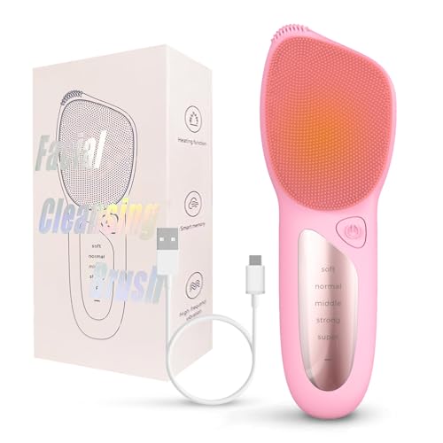Spazzola elettrica per il viso in silicone con funzione di calore (45 °C), impermeabile IPX7, 5 livelli di vibrazione massaggiante, pulizia profonda e cura dei pori per sensibili e tutti i tipi di