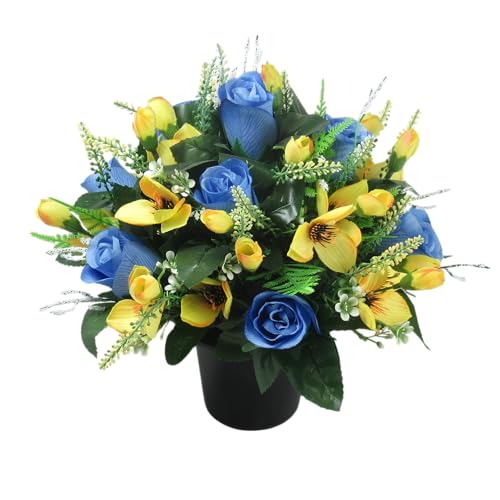 Just Because Flowers Spring Artificial Grave Flower Arrangement with Blue Rosebuds and Yellow Mini Alstroemeria
