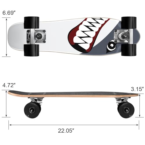 Skates completos Skates Mini Cruiser de 55 cm para iniciantes, crianças, meninos e meninas (tubarão)