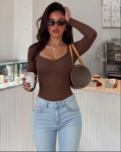 Image of SUUKSESS Women Sweetheart V Neck Long Sleeve Tops Lace Trim Ribbed Modal Fall Going Out Shirts