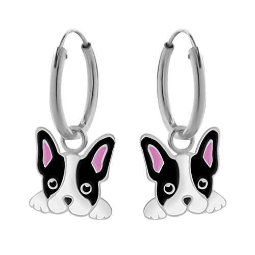 LOVE YOUR CITY Gioielli per bambini, orecchini a cerchio, cane, bulldog francese, gioielli per bambini, in argento sterling 925 con smalto., Argento sterling