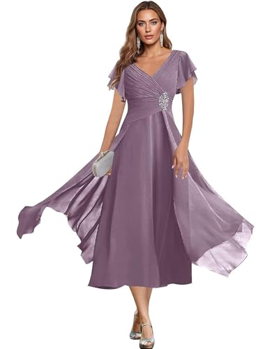 ISABUFEI-Mother-of-The-Bride-Dress-Tea-Length-V-Neck-Chiffon-Formal-Evening-Gown-with-Beaded-Waist-Wisteria-US20
