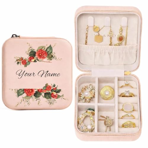Image of Personalised Jewellery Organizer Box for Girls | Custom Name Travel Jewellery Case for Earrings, Rings and Necklaces | Mini Jewelry Storage Gift (Rose Frame)