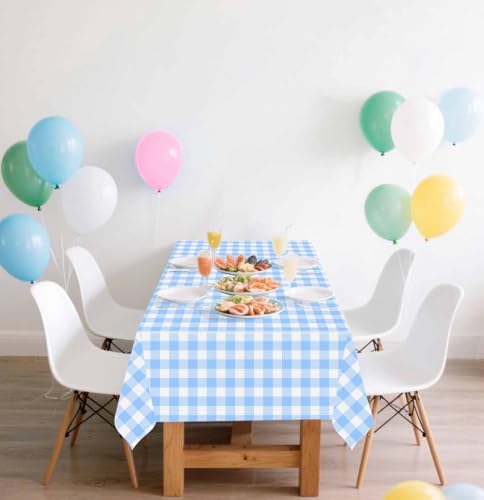 Image of SietDESEO 6 Pack Light Blue Gingham Tablecloth Rectangle 54 x 108 Blue and White Checkered Table Cloth Disposable Plaid Table Cover Plastic for Birthday Baby Shower Picnic Wedding Party Supplies