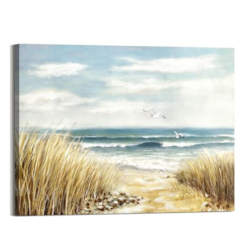 Canvas Wall Art Beach Picture: Coastal Scene Prints Decor Bedroom Bathroom Ocean Seascape Waves Painting Modern Seaside Sea Grass Seagull Artwork for Home Office Kitchen