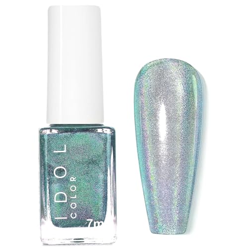 Green Nail Polish - Holographic Shimmer Glitter Nail Varnish - Quick Drying Chrome Rainbow Effect Iridescent Finish - 60s Quick Dry, No UV Lamp – for DIY Nail Art