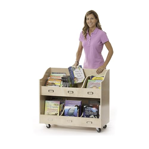 Guidecraft Mobile Book Organizer - Wooden Rolling Bookshelf and School Supply Cart with Casters and nameplate Labels - Classroom Storage Furniture