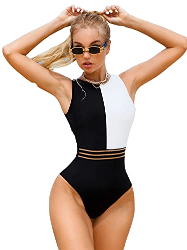 Floerns Women's Contrast Mesh Zip Back Monokini Colorblock One Piece Swimsuit Black And White M #TOP20