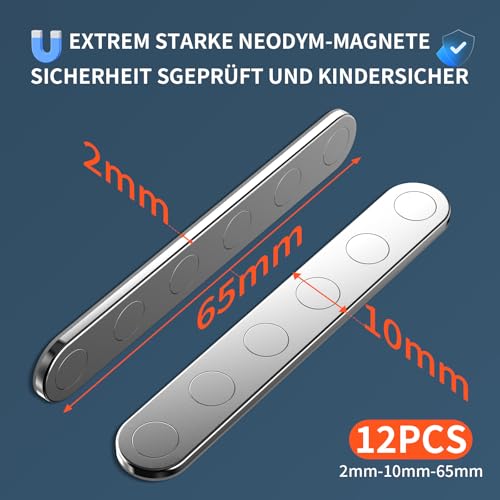 BKSAI 12er Unzerbrechliche Magnete Selbstklebend Stark Hält 1,5KG Magnetband zum Kleben Neodym Magnete Klebemagnete 65x10x2mm Magnetband Flach für Schule, Büro Fixierungskomponente