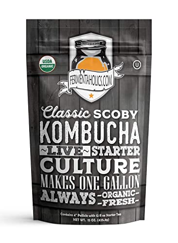 Kombucha Essentials Kit - Includes USDA Organic Kombucha SCOBY + 1-Gallon Glass Fermenting Jar with Breathable Cover + pH Strips + Rubber Band + Adhesive Thermometer - Brew kombucha at Home