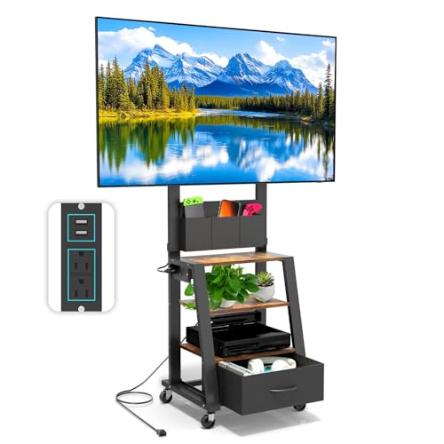 Rolling TV Stand with Power Outlet & 4-Tier Storage for 23-60 Inch Flat/Curved Screen up to 160lbs LCD/LED/OLED Adjustable Height Mobile TV Cart with Wheels for Home Office Outdoor Max VESA 400x400mm