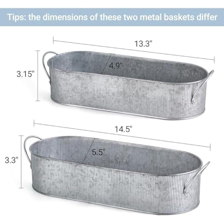 Mkono Metal Storage Basket for Toilet Tank Top Bathroom Decor, Galvanized Tray with Handle for Shelves, Farmhouse Toilet Paper Holder Organizing Bin Box for Countertop Living Room, Set of 2, Silver