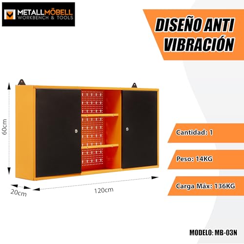 Miniatura 3 de Metallmobell - Armario Metalico De Pared 120x60x20cm, Con Estanterías, Panel Herramientas Y Cerradura Armario Almacenaje, Mueble Almacenaje, Armario Oficina, Armario Herramientas Mb03n