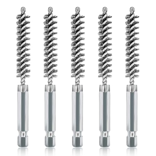 ASNOMY Juego de 5 cepillos de acero inoxidable de 3/8 pulgadas, cepillo de alambre de cerdas de acero inoxidable con vástago hexagonal de 1/4 pulgadas