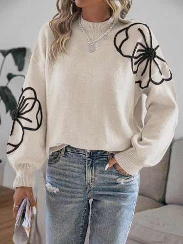 Image of Milumia Women's Floral Pattern Mock Neck Long Sleeve Drop Shoulder Pullover Sweaters