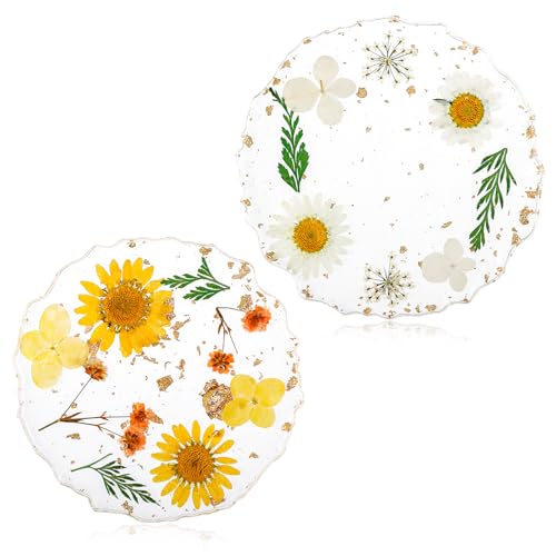 Dried Flower Coasters Set of 2 Non-Slip Decorative Resin Coasters Vintage Floral Resin Drink Cup Mat Decorative Cup Mats Round Exquisite Flower Coaster for Tabletop Protection Home Office Bar