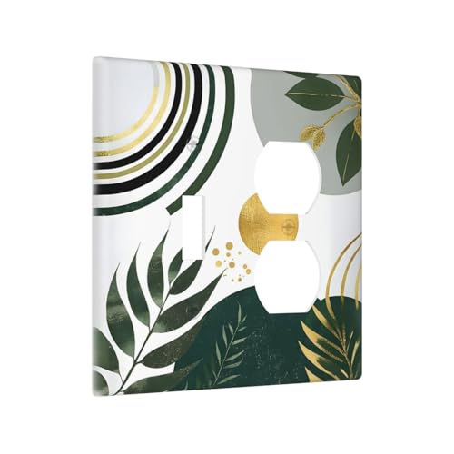 Decorative Outlet Covers Boho Green Leaves Bohemian Gold Sun 2 Gang Wall Plate Cover Single Toggle Duplex Combo Two Switch Light Switch Cover Plate Jumbo Faceplate