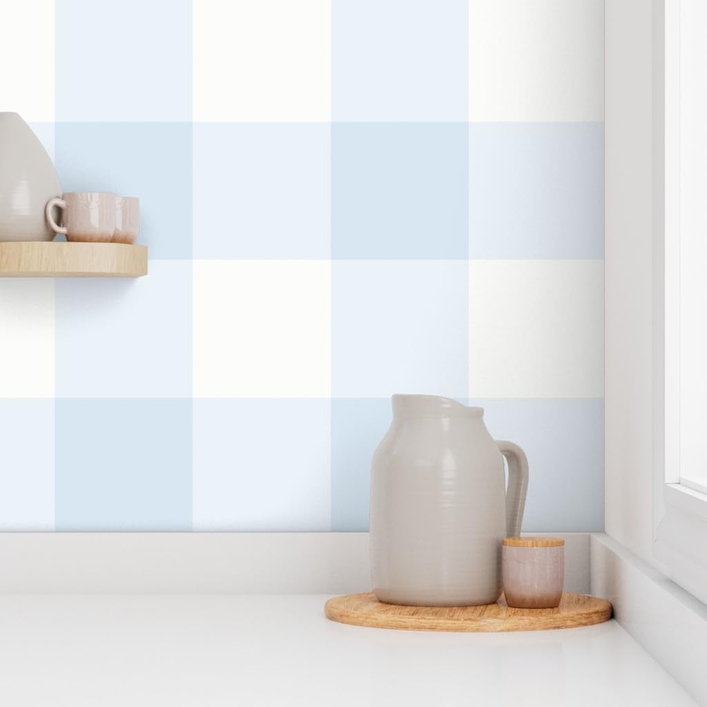 Peel & Stick Wallpaper Swatch - Blue Gingham Check Large Scale Classic Buffalo Plaid 6 Inch Powdery French Country Cottagecore Custom Removable Wallpaper by Spoonflower