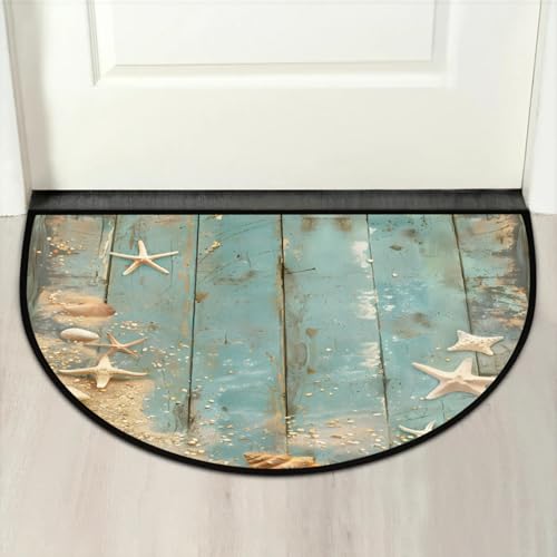 Image of Half Round Doormat Wooden Background Starfish Shells Non Slip Half Circle Area Rugs Indoor Washable Half Moon Rug Semi Circle Bathroom Runner Mat Entrance Floor Carpet for Kithen Bedroom Fireplace