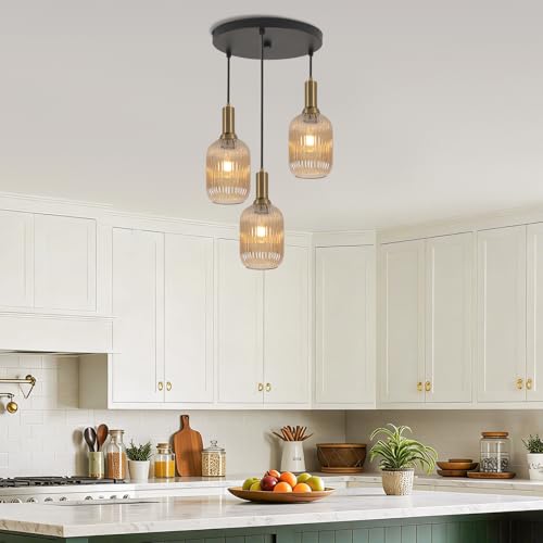 FRIXCHUR 3-Light Pendant, Mid Century Style Glass Shades with E26 Sockets, Adjustable Retro Pendant Light with Gold Accents, Ideal for Kitchen Islands and Living Rooms (Amber)