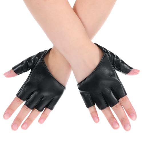 Styquenzer Black Leather Fingerless Gloves Half Palm Half Finger PU Leather Gloves for Women Dancing Punk Gothic Fingerless Glove Mittens Steampunk Retro Punk Biker Glove