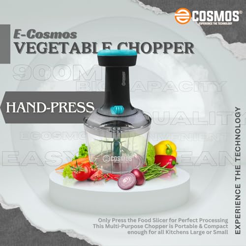 Image of E-COSMOS Manual Food Chopper, 900ml Hand-Press Vegetable Cutter & Mixer with 4 Stainless Steel Blades, Ideal for Onions, Salads, and Potatoes, Ocean Blue (Ocean Blue)
