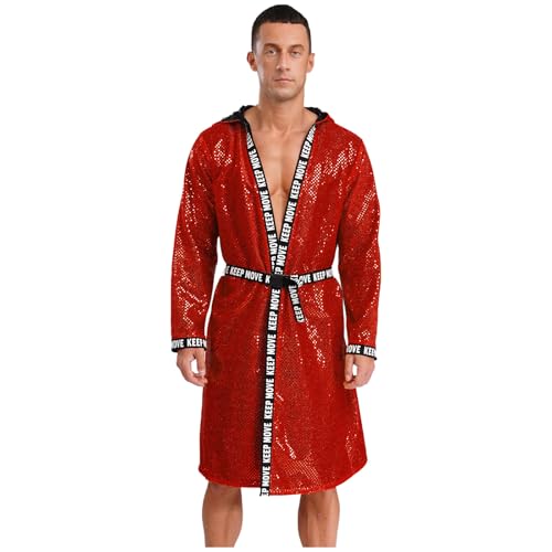 renvena Abrigo bóxer con purpurina para hombre, kimono, bata, con capucha, lentejuelas, albornoz, muay thai, kickboxer, entrenamiento, color rojo, XXL