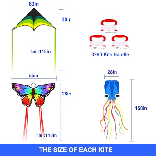 Kites for Kids & Adults, Kites Set for Beginners and Teens, Easy to Fly for Beach, Perfect for Outdoor Activities (3 Pack-Rainbow Butterfly, Green Delta, and Blue Octopus)
