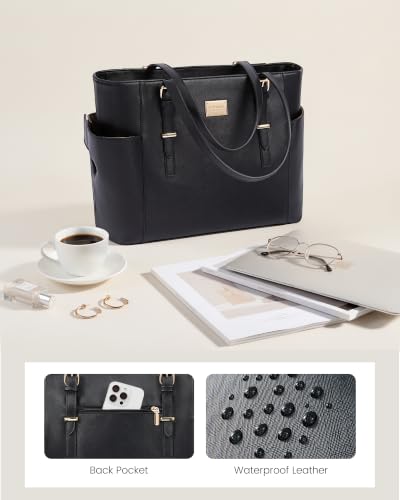 Image of LOVEVOOK Laptop Tote Bag for Women, Vintage Leather 15.6 Inch Work Tote with Large Water Bottle Pocket, Teacher Nurse Professional Computer Bag, Office Briefcase Handbag Gift, Black