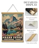 HUARCEY Grand Teton National Park Wall Art 12x16 Hanging Scroll, Vintage Wooden Frame Mountain Lake Landscape Canvas Painting Print, Retro Nature Travel Poster Rustic Cabin Bedroom Office Décor