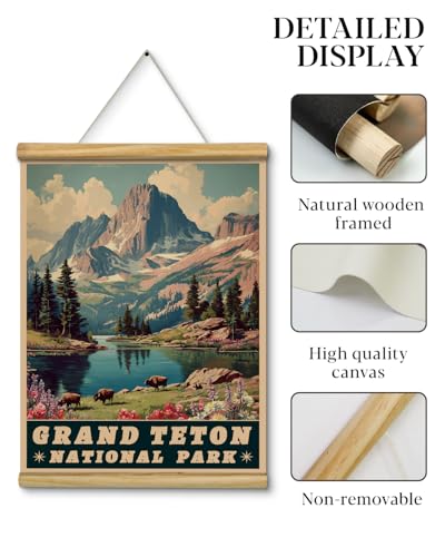 HUARCEY Grand Teton National Park Wall Art 12x16 Hanging Scroll, Vintage Wooden Frame Mountain Lake Landscape Canvas Painting Print, Retro Nature Travel Poster Rustic Cabin Bedroom Office Décor